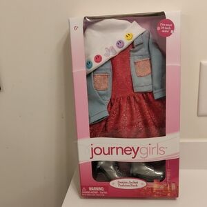 New! Journey girls Pink and Blue Outfit Set Dress,  Denim Jacket, hat and shoes
